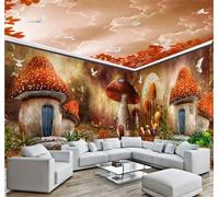 Forêt Fantastique De Champignons Et Oiseaux Volants Papier Peint 3D Installation Facile Intissé Tapisserie Bureau Salon Canapé Chambre Décoration Murale-250cm×170cm