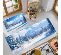 Forêt La Montagne Neigeuse Tapis de Cuisine, Bleu Clair Tapis Cuisine Devant Evier Long Antidérapant Lavable, Paysage d'hiver Paillasson Lavable Décoratif Salon Couloir - 43x75+43x150cm