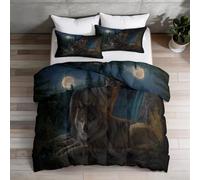 Forêt Loup Cascade Lune Couette Matelassée 135 x 200 cm, Animal Imprimée Couette Douce Lavable en Machine 4 Saisons, Gris Foncé Parure de lit 3 pièces avec 2 Taies d'oreiller 65x65 cm