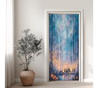 Forêt Magique Effet 3D Sticker Porte, Citrouille Sorcière Papier Autocollant Porte Mural Décoration, Arbres Forêt Aquarelle Stickers Muraux Amovible PVC 95x215 cm