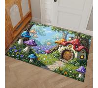 Forêt Maison Champignon Paillasson 60 x 90 cm, Tapis Style Dessin Animé De Conte De Fées Entrée Intérieur Antidérapant, Lavable, Profil Bas, Facile à Nettoyer, Pour Couloir, Porte, Cuisine, Vert