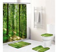 Forêt Motif Salle de bain Set de 4 avec rideau de douche imperméable, tapis antidérapant, couvercle de toilette et tapis de bain, Style 2