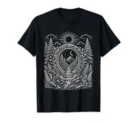 Forêt Mystique Portail Lune Art Populaire Linogravure Nature T-Shirt