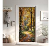 Forêt Nature Automne Effet 3D Sticker Porte, Chemin Papier Autocollant Porte Mural Décoration, Feuilles Caduque Sticker Muraux Amovible PVC 95x215 cm