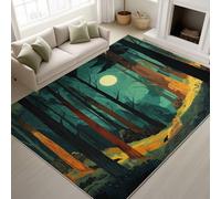 Forêt nocturne Clair de lune Arbres Sentier Doux Tapiss Dessin animé Nature Onirique Calme Imprimé Tapis Illustration Vibrante Lavable Tapis de Antidérapant Vert pour Chambre enfants 60 x 180 cm