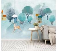 Forêt Peinte À La Main À L'Encre De Chine Avec Des Maisons Et Des Élans Papier Peint 3D Installation Facile Intissé Tapisserie Bureau Salon Canapé Chambre Décoration Murale-150cm×105cm