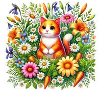 Foret rond 5D à faire soi-même - Chat dans les fleurs - 40 x 40 cm