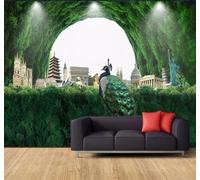 Forêt Verte Tunnel Architecture Paon Papier Peint 3D Installation Facile Intissé Tapisserie Bureau Salon Canapé Chambre Décoration Murale-350cm×256cm