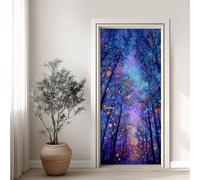 Forêt Violet Onirique Effet 3D Sticker Porte, Pois Abstrait Papier Autocollant Porte Mural Décoration, Arbre Fantastique Bleu Violet Stickers Muraux Amovible PVC 77x200 cm