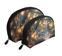 Forêts de champignons avec lanternes lumineuses et feuillage luxuriant imprimé trousses de maquillage 2 pièces Portable Shell Trousse de toilette de voyage, blanc, Taille unique