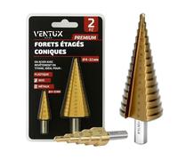 Forets de forage - 2 pièces - forets coniques en acier HSS pour perceuse avec revêtement en titane - Extracteur pour métal à marches pour plastique bois et métaux