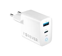 FOREVER Chargeur USB C USB A 65W Blanc - Quick Charge et Power Delivery - Adaptateur avec Ajustement Intelligent et Technologie GaN - Chargeur Rapide Idéal pour Téléphones et Ordinateurs Portables