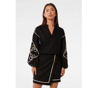 Forever New Forever New Black Claude Applique Detail Top with A Touch Of Linen