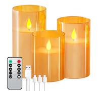 Forever Speed Lot de 3 Verre Doré Bougies LED Rechargeable avec Télécommande, Bougies Sans Flamme Graduable avec Câble de Charge pour Décoration de la Maison, Camping, Mariages, Cadeaux