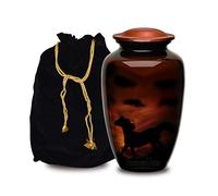 FOREVER URNS Urne funéraire pour cendres - Cheval noir au soleil le soir - Entièrement fabriquée à la main avec un volume de 200 cu. - Avec sac de protection en velours.