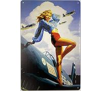 Forever_USA Étain Plaque en métal | Pin Up Fille posant avec Avion 8 x 12 en | Vintage rétro Décoration Murale Garage Barre pièce Restaurante Décor