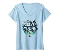 Forever Young : Don't Let The Old Man in Vintage Graphic T-Shirt avec Col en V, Femme, Bleu Céleste, S
