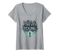 Forever Young : Don't Let The Old Man in Vintage Graphic T-Shirt avec Col en V, Femme, Gris Chiné, M