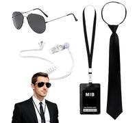 Foreverup Agent Accessoires de costume pour homme en noir, costume de renseignement, accessoires de costume d'espion avec lunettes de soleil noires, oreillettes, cravate, carte d'identité