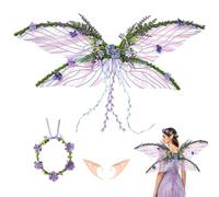 Foreverup Ailes de Fée Enfant Adulte, Ensemble Complet Fée avec Ailes de Papillon, Oreilles d’Elfe, Couronne de Fleurs, Aile de Princesse pour Costume de Fées, Deguisement Carnaval, Halloween, Cosplay