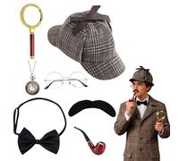 Foreverup Lot de 7 accessoires de costume de détective Sherlock Holmes, accessoires de cosplay avec lunettes, chapeau de détective, fausse barbe, loupe, montre de poche pour fête, carnaval, cosplay