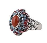 ForFox Bague Fleur de Lotus émail cloisonné en Argent Sterling 925 avec Jade Rouge pour Femme Ouverte réglable