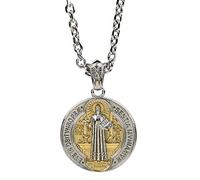 ForFox Collier Croix St benoît Pendentif Saint benoît de nursie en Acier Inoxydable Titane Collier médaille Rond Bijoux catholique Romain pour Homme Femme chaîne de 70cm,Bicolore