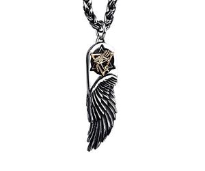 ForFox Collier pendentif aile d'ange plume en acier titane avec étoile de david et oeil d'horus d'or bijoux punk pour hommes femmes 27 pouces chaîne