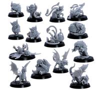 Forged Terrain Ensemble miniature de 14 pièces Baby Dragons & Monsters - True 32 mm Scale Young Wyrmlings, Owlbears & Panthers - Figurines en résine entièrement assemblées avec bases rondes de 25 mm