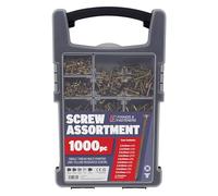 Forgefix Assortiment de 1000 vis avec revêtement passivé jaune zinc pour résistance à la corrosion, comprend un étui de rangement avec 9 tasses amovibles et 2 embouts PZ2 x 25 mm