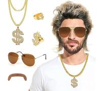 Forhandy Ensemble de tenue des années 80 - 6 perruques Vokuhila pour homme, chaîne dorée, bagues, lunettes de soleil pour carnaval, Halloween, fête costumée