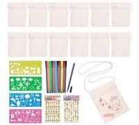Forhandy Lot de 12 sacs en tissu à peindre pour enfants - Avec 12 crayons de couleur - 4 pochoirs de peinture DIY et 2 autocollants diamant - Sac en tissu vierge - Petit sac pour l'école, la fête,
