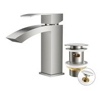 FORIOUS Robinet Salle de Bain avec Bonde de Vidage, Mitigeur Lavabo Cascade Monocommande, Eau Chaude et Froide, Hauteur de Bec 100 mm, Design Bec à Grille et Économiseur d’Eau, Acier Inoxydable