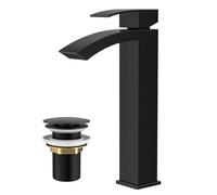 FORIOUS Robinet Salle de Bain Noir avec Bonde de Vidage, Mitigeur Lavabo Cascade Monocommande, Eau Chaude et Froide, Hauteur de Bec 225 mm, Design Bec à Grille et Économiseur d’Eau