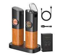 FORLIM Gravité Moulin à Poivre Électrique Rechargeabilité USB, Lumière LED avec Épaisseur Réglable, Couvercle Anti-poussière Automatique, Moulin à Sel Acier Inoxydable, 2 Pièces (Le Grain du Bois)