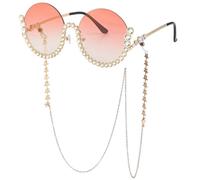 FORLUZ Lunettes de soleil tendance à demi-monture circulaire avec chaîne et imitation diamant pour femme, verres de voyage de luxe, protection UV400 (doré dégradé rose)