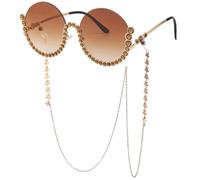 FORLUZ Lunettes de soleil tendance à demi-monture circulaire avec chaîne et imitation diamant pour femme, verres de voyage de luxe, protection UV400 (thé dégradé doré)