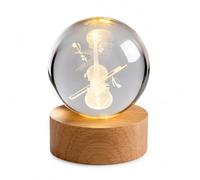 formano Boule de cristal LED pour violon 3D - 8 cm - Avec motif de violon gravé au laser - Base en bois avec lumière blanche chaude - Lampe de table décorative pour salon, bureau, étagère et cadeau