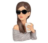 formano Buste décoratif femme avec lunettes de soleil et tasse à café - 28 cm - Sculpture élégante en pierre artificielle - Décoration vintage de style Audrey - Idée cadeau élégante pour les femmes et
