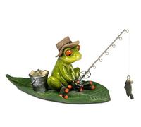 formano Grenouille pêcheur sur feuille - Figurine décorative en polyrésine peinte à la main - 19 x 14 x 9 cm - Décoration d'intérieur humoristique avec motif pêche - Série Froschhausen - Brillant