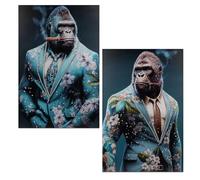 formano Lot de 2 tableaux muraux Gorille en costume - 60 x 90 cm - Avec pierres acryliques brillantes - Décoration murale moderne pour salon - Idée cadeau - Figurines d'animaux de singes