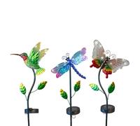 formano Lot de 3 piquets solaires de jardin à LED - Motif oiseau, libellule et papillon - En métal - Avec lumière LED - Éclairage décoratif de jardin pour parterre de balcon, terrasse - Hauteur : 90