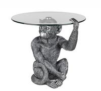 formano Table d'appoint décorative en forme de singe - Argenté vieilli - 58 cm - En pierre artificielle - Avec plateau en verre - Sculpture - Table basse - Décoration de salon - Table de singe moderne
