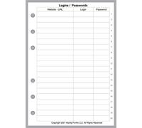 Format A6 - Insert de mot de passe pour classeurs à 6 anneaux avec pages de 105 mm x 148 mm. Trous centraux espacés de 38 mm. Il s'agit d'un format européen ISO A6. Il ne convient pas aux ordinateurs portables de Chine.