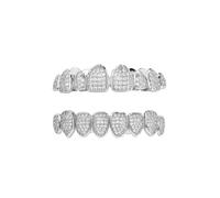 Forme Irrégulière Complètement Iced Out Pavé de Cz Ensemble Grillz -PlaquÉ Or & Argent 18k, Style Rapper Hip Hop Fête Cosplay(Silver)