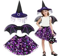 FORMIZON 4pcs Costume de Chauve-Souris, LED Déguisement Chauve-Souris Fille, Jupe Tutu Lumières, Chapeau de Sorcière, Ailes et Sachet de Bonbons, Enfant Sorciere Costume Halloween Carnaval Cosplay