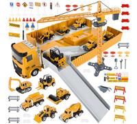 FORMIZON Camion Transporteur Voiture, Véhicules de Chantier Enfants Jouet de Camions de Remorque Set avec Musique & Lampe, 6 Mini Véhicules de Chantier, Jouets Grue (Jaune)