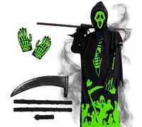 FORMIZON Costume de Faucheuse pour Enfants, Costume Squelette Fluorescent, Glow in the Dark Déguisement Faucheuse avec Masque, Faucille et Mitaine pour Fête Cosplay (Fantôme, S)