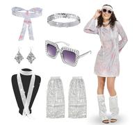 FORMIZON Deguisement Hippie Femme, 7pcs Kit Disco Paillette pour Femme, Costume Vintage des Années 60/70/80, Robe Hippie avec Accessoires de Mode, Carnaval Pour Soirées à Thème (Rose, L)
