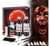 FORMIZON Faux Sang Halloween, 60ml Sang Frais Artificiel, 60ml Faux Sang Rouge Foncé, 30ml Latex Liquide, Dents de Zombie, Cicatrices de Zombies Vampire, Kit de Maquillage pour Halloween
